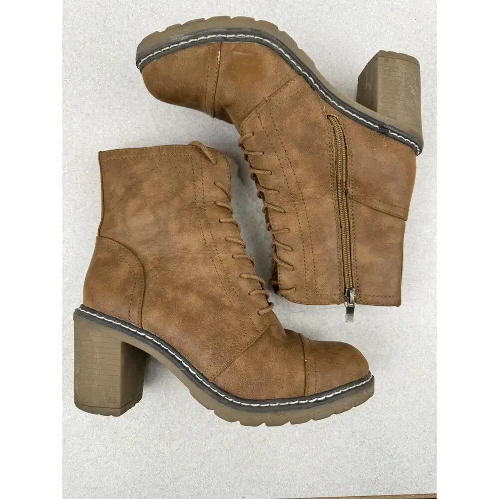 Womens Olivia Miller Brown Heel‎ Lace Up Zip Up Boots Size 8